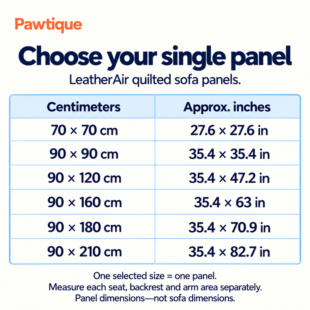 LeatherAir single-panel size guide: six sizes from 70 by 70 cm to 90 by 210 cm, with approximate inch conversions