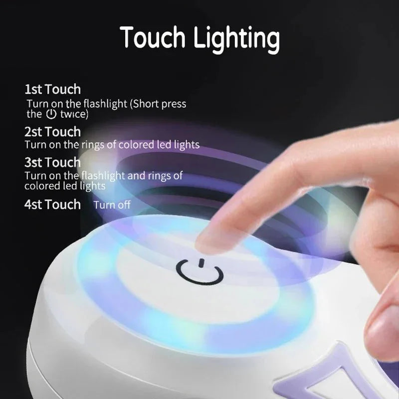 Touch control panel with colorful LED lights and instructions on how to use it.