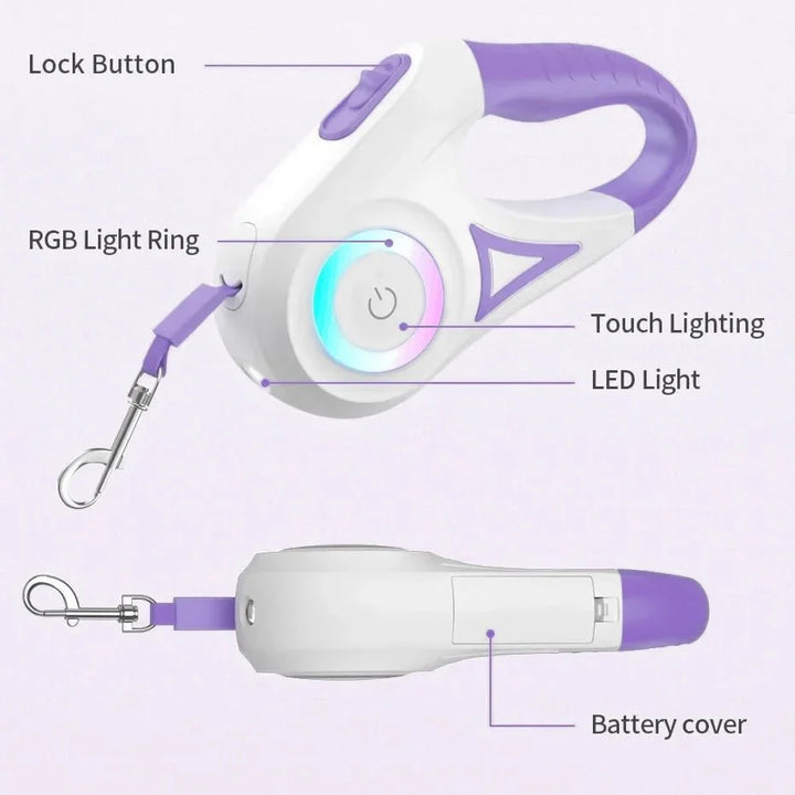White and purple retractable dog leash with RGB light ring and touch lighting, labeled parts on a white background.