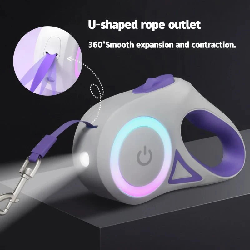Pet leash with U-shaped rope outlet and power button on a dark background