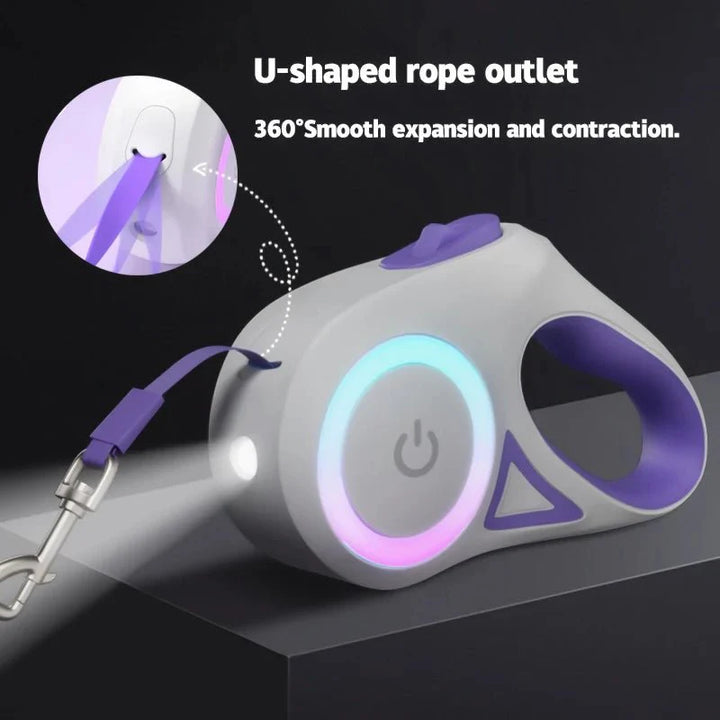 Pet leash with U-shaped rope outlet and power button on a dark background