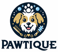 Logo of PAWTIQUE featuring a dog illustration and grooming tools on a white background