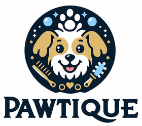 Logo of PAWTIQUE featuring a dog illustration and grooming tools on a white background