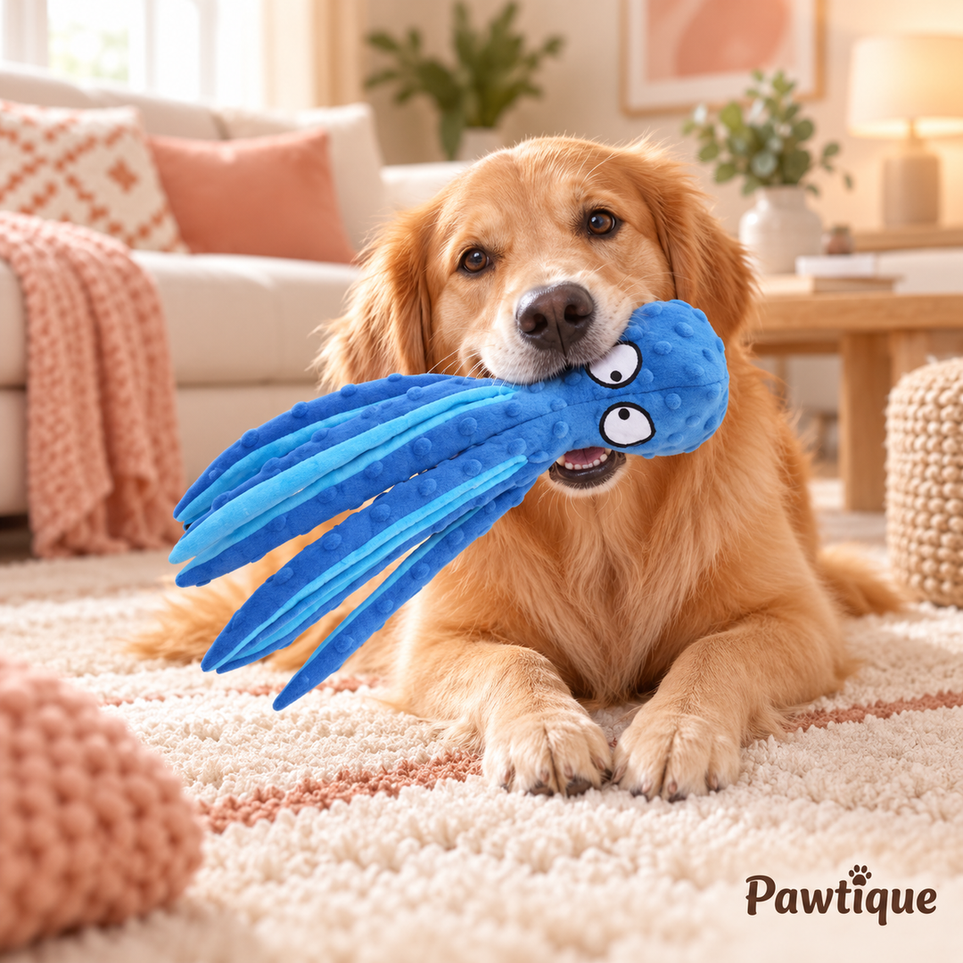 Pawtique octopus plush dog toy lifestyle