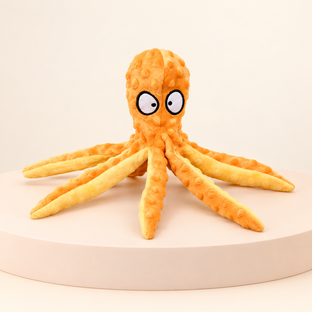 Pawtique OctoTug orange plush squeaky dog toy