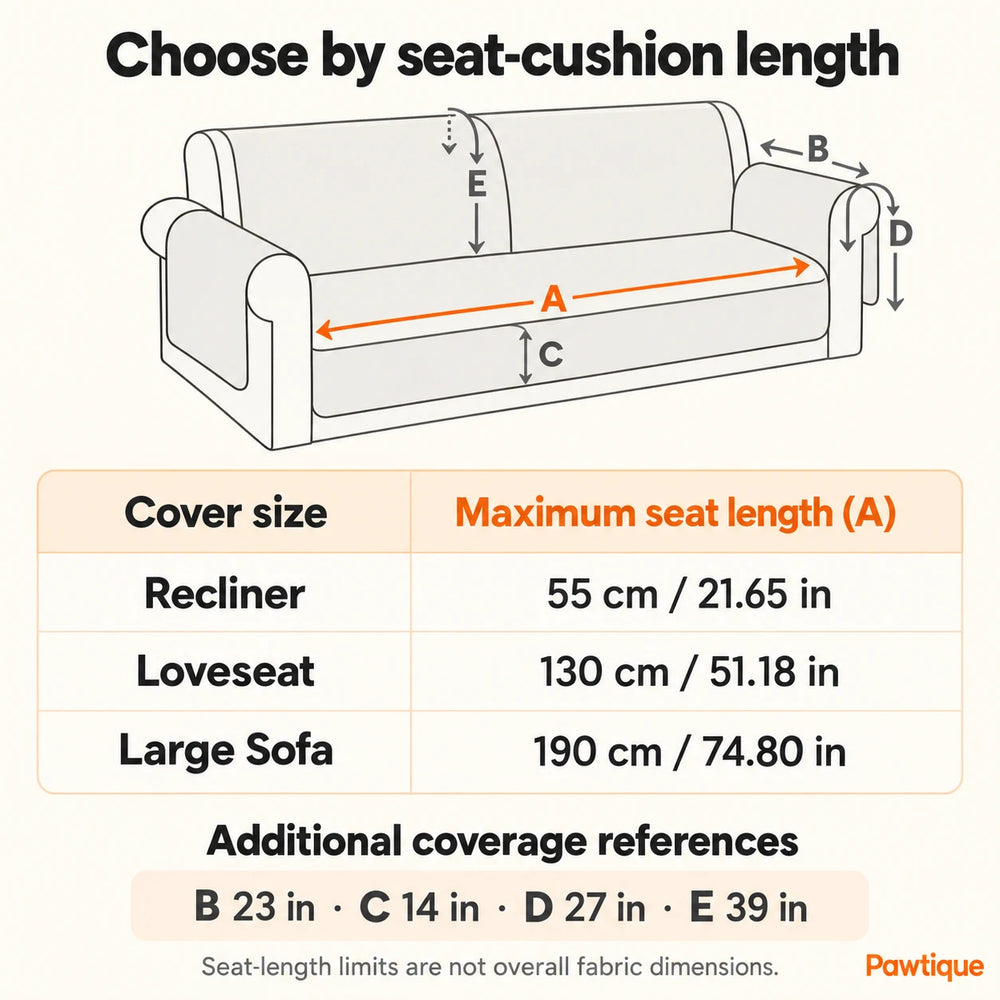 Chenille cover sizing guide: maximum seat lengths 55, 130 or 190 cm, measured between inner arms, with arm, front-drop and back coverage references.