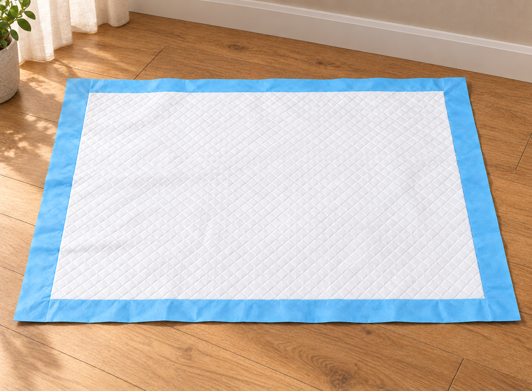 One rectangular disposable training pad with white quilted surface and flat blue border on an oak home floor.