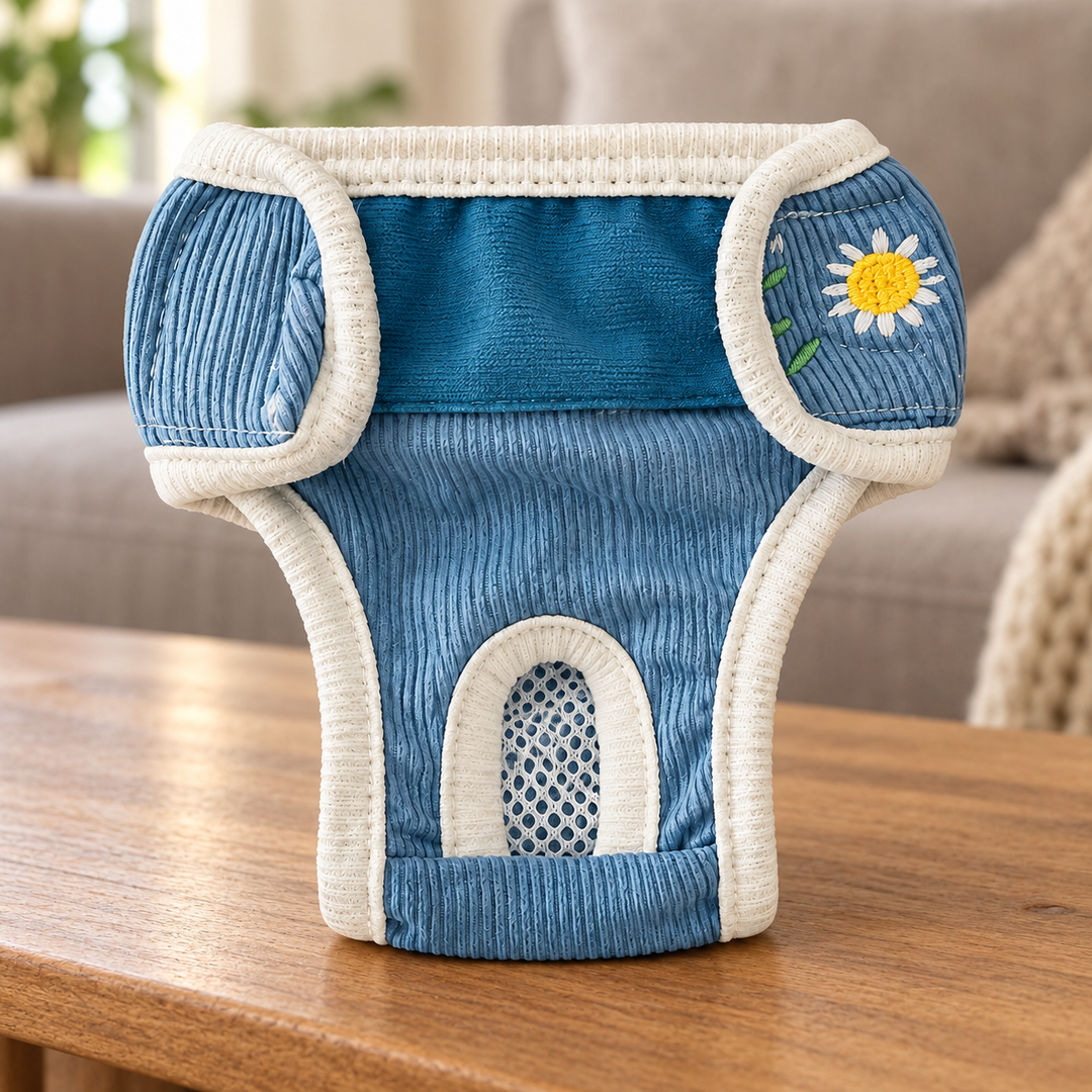 Blue daisy-embroidered pet diaper pants upright on a warm wood table.