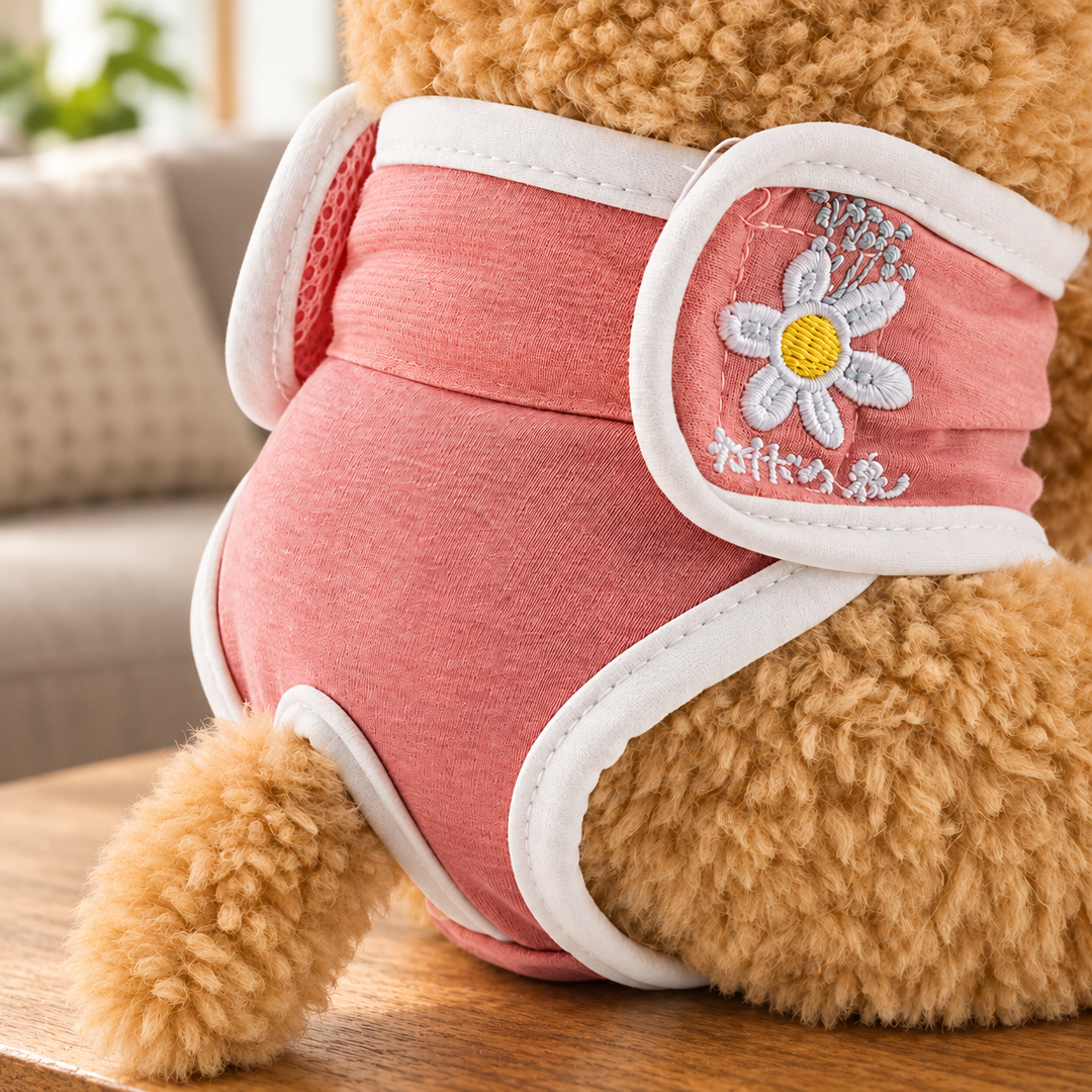 Peach flower-embroidered pet diaper pants on a plush display model in a warm home setting.