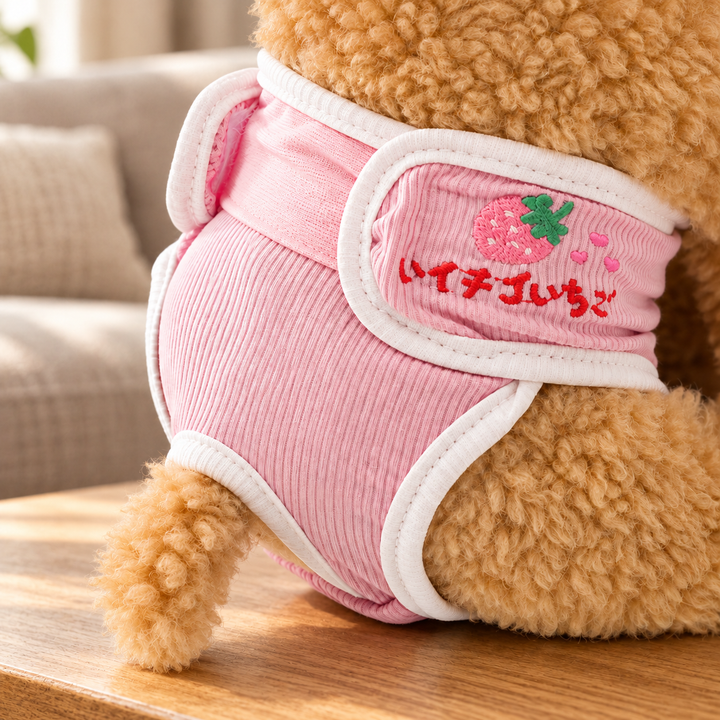 Pink strawberry-embroidered pet diaper pants on a plush display model in a warm home setting.