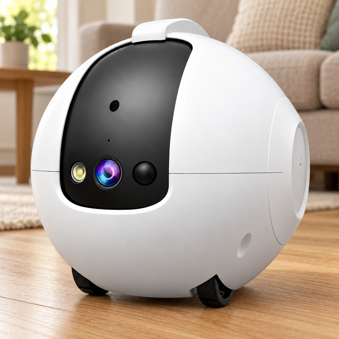 White Goldenhour DH013 monitor with black camera panel, original white side cap and wheels on a warm home floor.