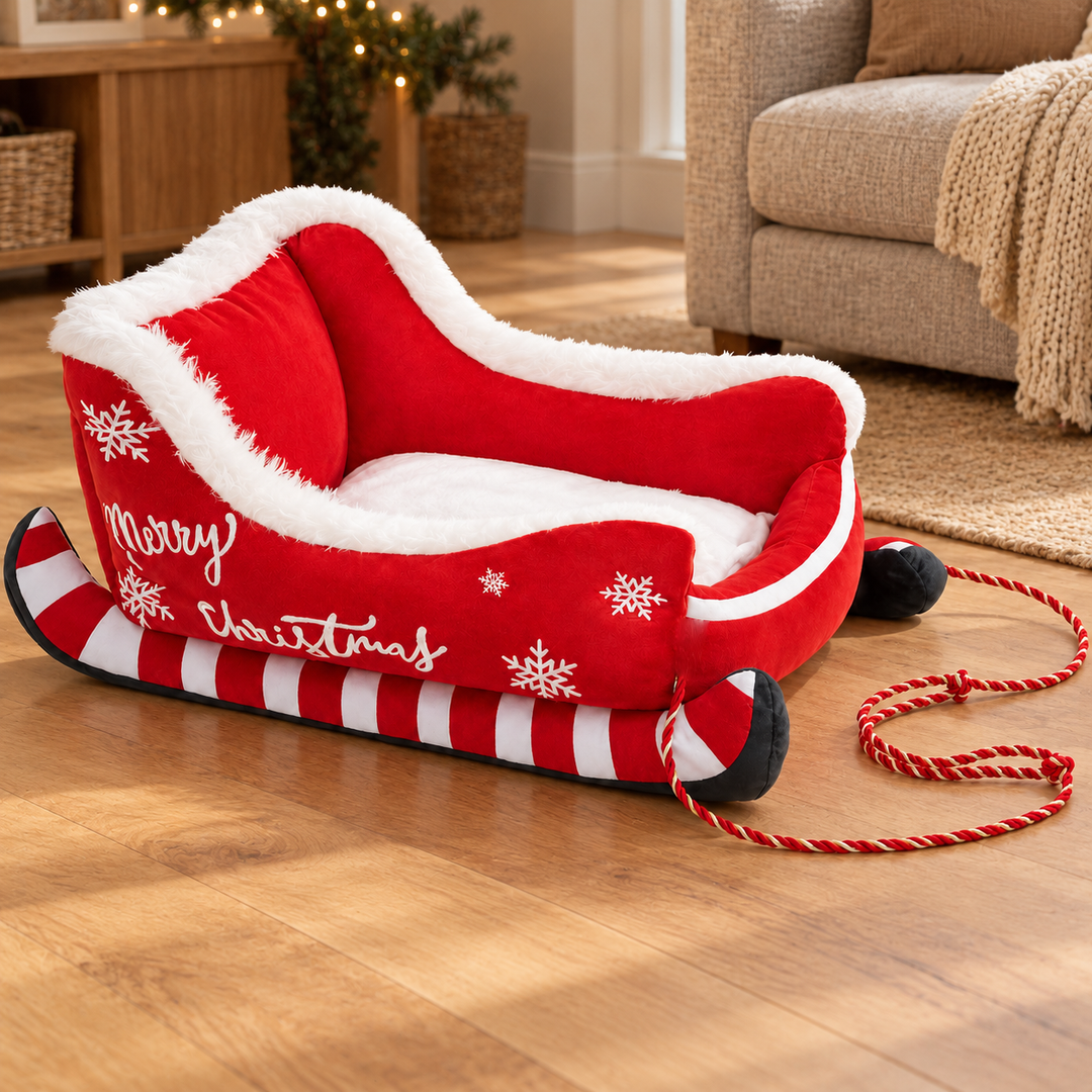 Red and white Christmas sleigh pet bed with its original Merry Christmas embroidery, white plush trim, striped runners and decorative cord on an oak floor in a warm home.