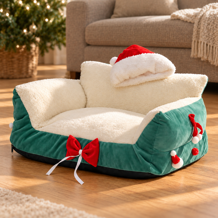 Green Christmas pet sofa with white lining, red bows, pompoms and Santa hat in a warm home.