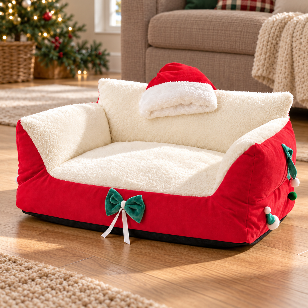 Red Christmas sofa pet bed with white lining, green bow, decorative pompoms and Santa-hat detail in a warm living room.