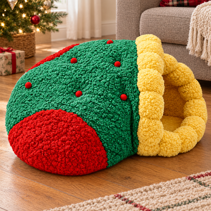 Green and red stocking-shaped covered pet nest with yellow fleecy entrance trim in a warm holiday living room.
