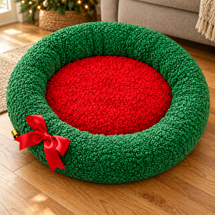 Green Christmas wreath pet bed with red center, red bow and gold bell in a warm home interior.