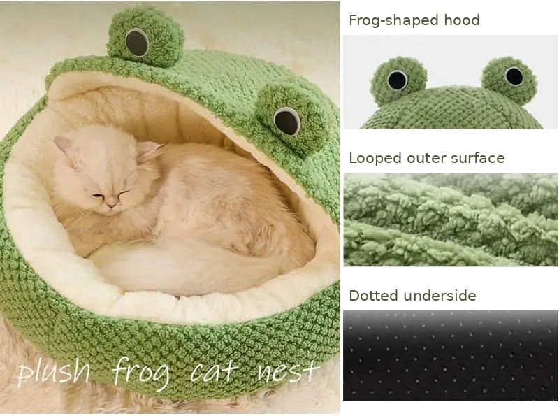 Frog hooded pet bed with authentic close views of the frog-shaped hood, looped outer surface and dotted underside