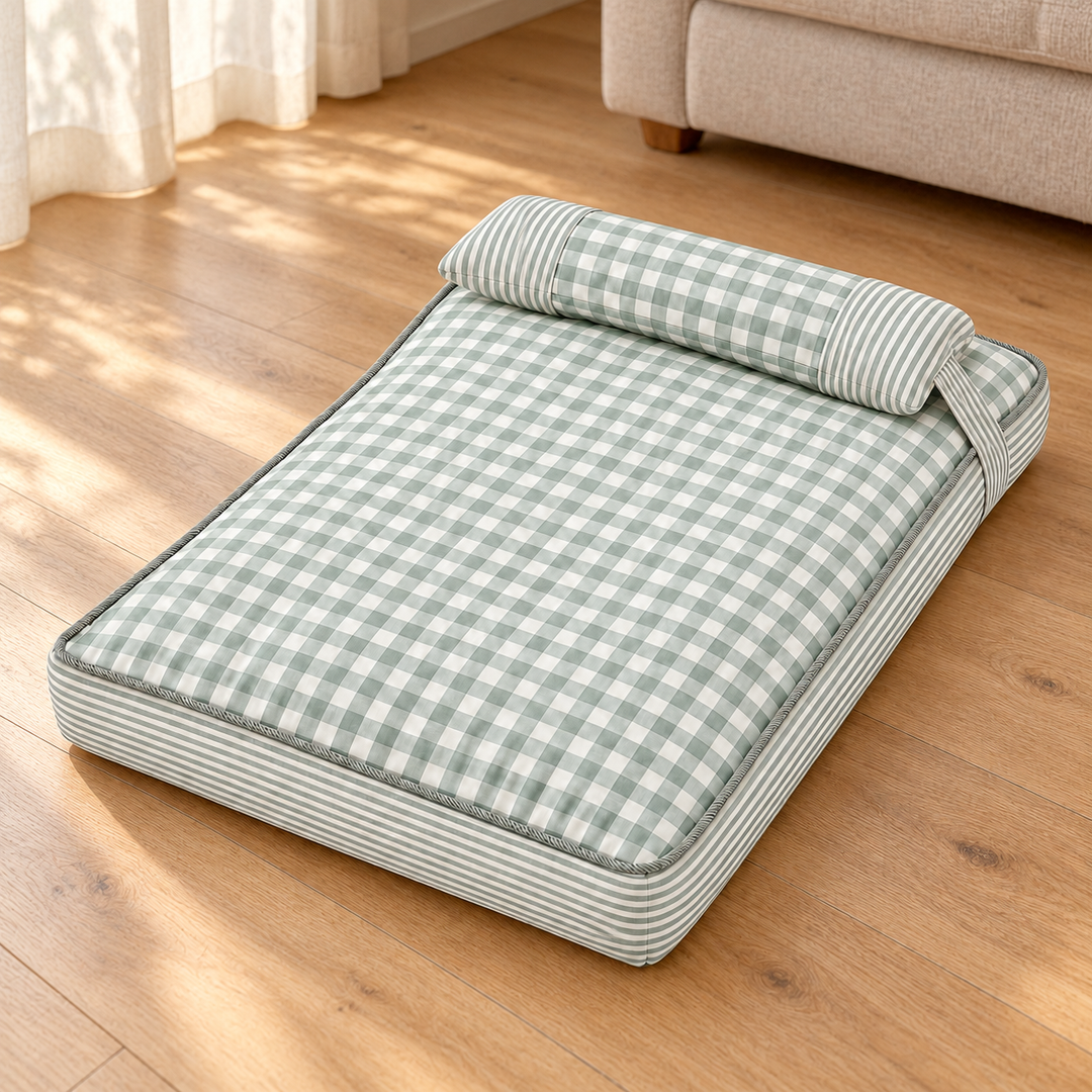 Green gingham pet mattress with striped bolster sides in a home setting