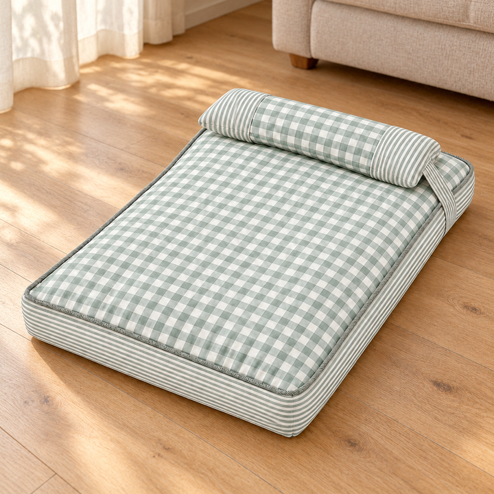 Green gingham pet mattress with striped bolster sides in a home setting