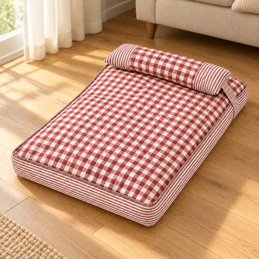 Red gingham pet mattress with striped bolster sides in a home setting