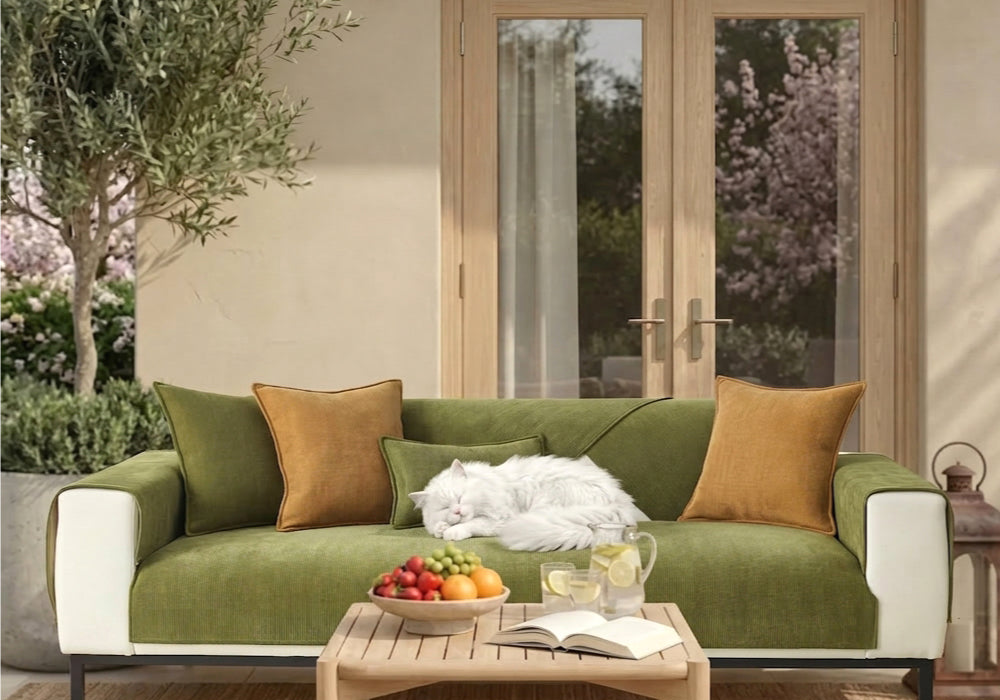 Cat resting on a Green herringbone chenille couch-cover panel in an authentic styling scene; separate set contents are shown in the size guide