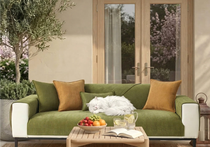 Cat resting on a Green herringbone chenille couch-cover panel in an authentic styling scene; separate set contents are shown in the size guide