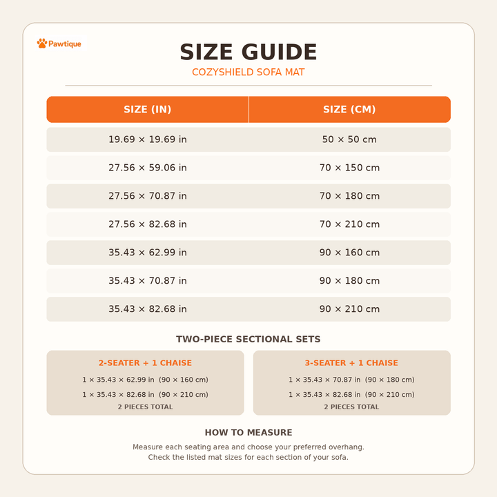 CozyShield sofa mat size guide with seven single-mat dimensions and two verified two-piece sectional combinations