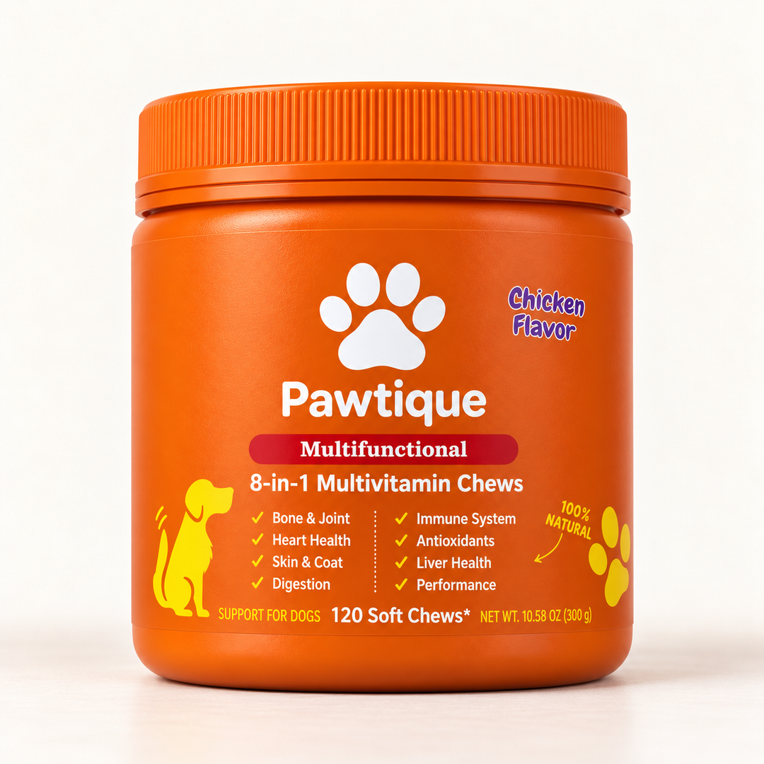Pawtique 8-in-1 Multivitamin Soft Chews, chicken flavor, in an orange 120-count jar