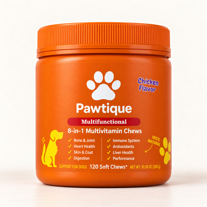 Pawtique 8-in-1 Multivitamin Soft Chews, chicken flavor, in an orange 120-count jar