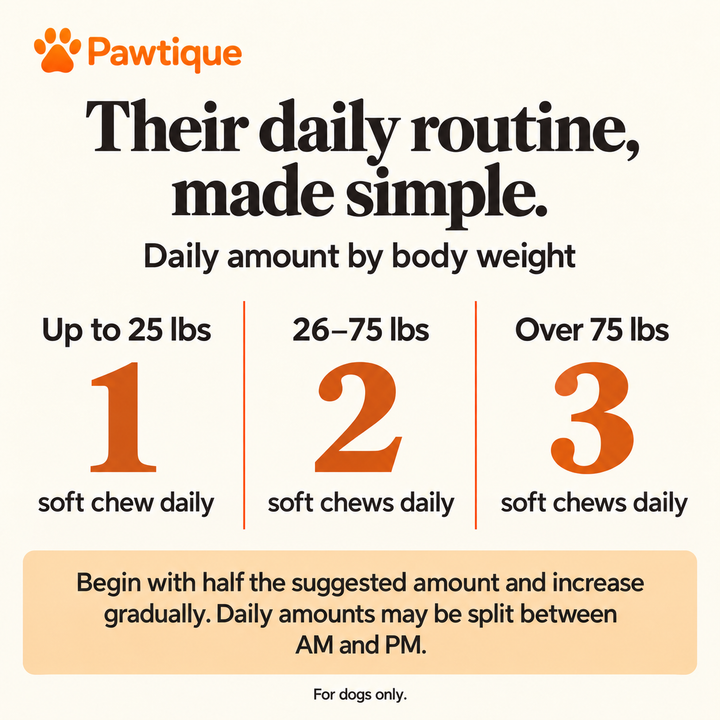 Daily feeding guide: one chew up to 25 lbs, two chews at 26–75 lbs, and three chews over 75 lbs