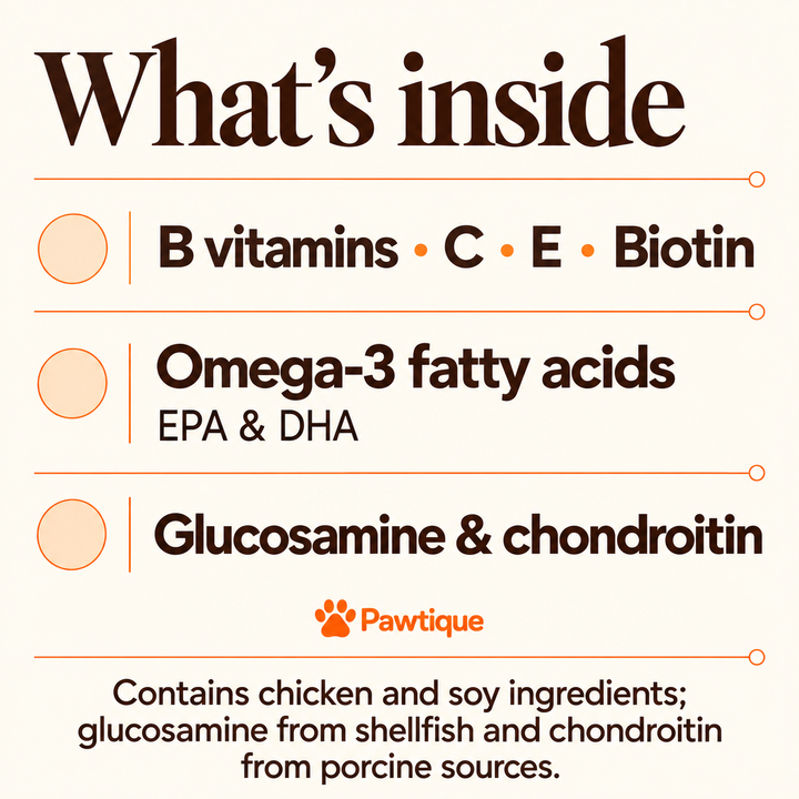 Listed ingredients include B vitamins, C, E, biotin, EPA, DHA, glucosamine and chondroitin