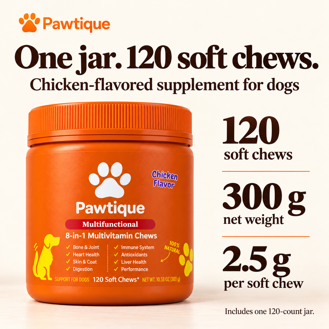 One chicken-flavored 120-count jar, 300 g net weight, with 2.5 g per soft chew