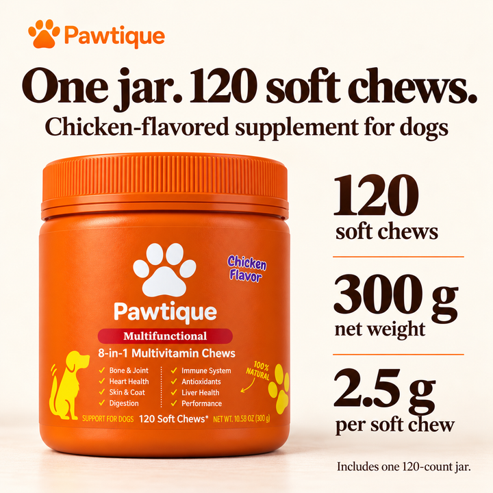 One chicken-flavored 120-count jar, 300 g net weight, with 2.5 g per soft chew