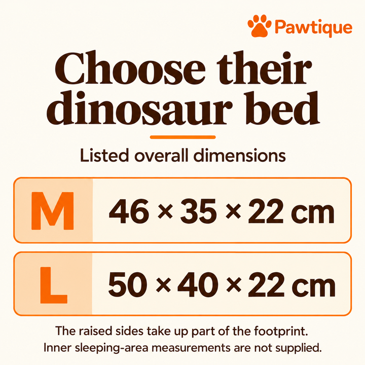 Dinosaur bed size guide: M 46 by 35 by 22 cm and L 50 by 40 by 22 cm, listed overall dimensions.