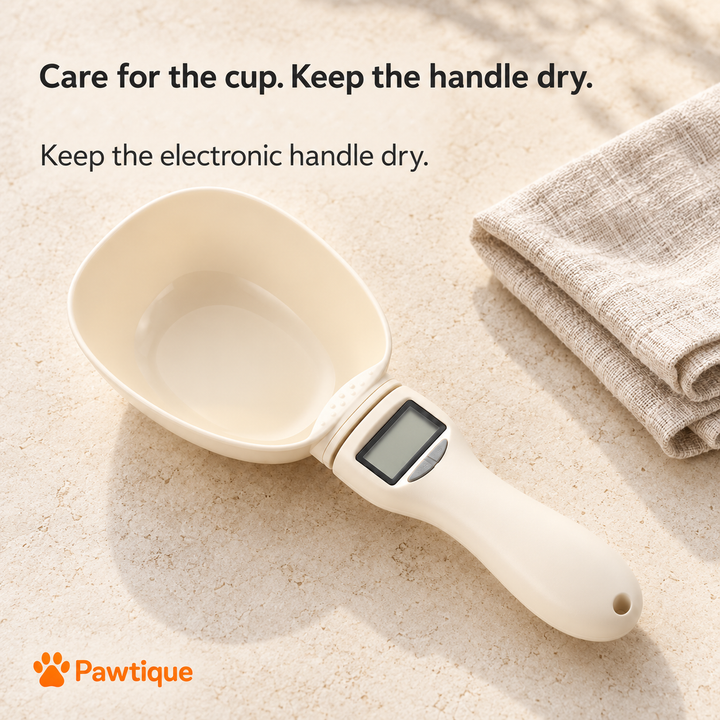 Assembled digital scoop with a reminder to keep the electronic handle dry.