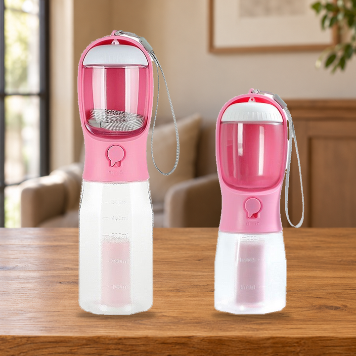 Pink portable pet water bottles shown as design references on a warm wood console; choose one listed option.