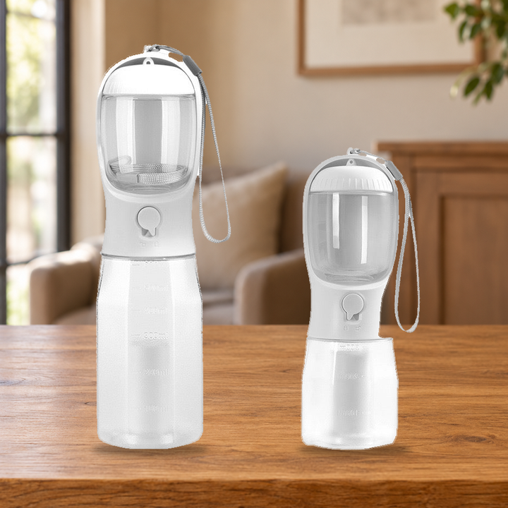 White portable pet water bottles shown as design references on a warm wood console; choose one listed option.