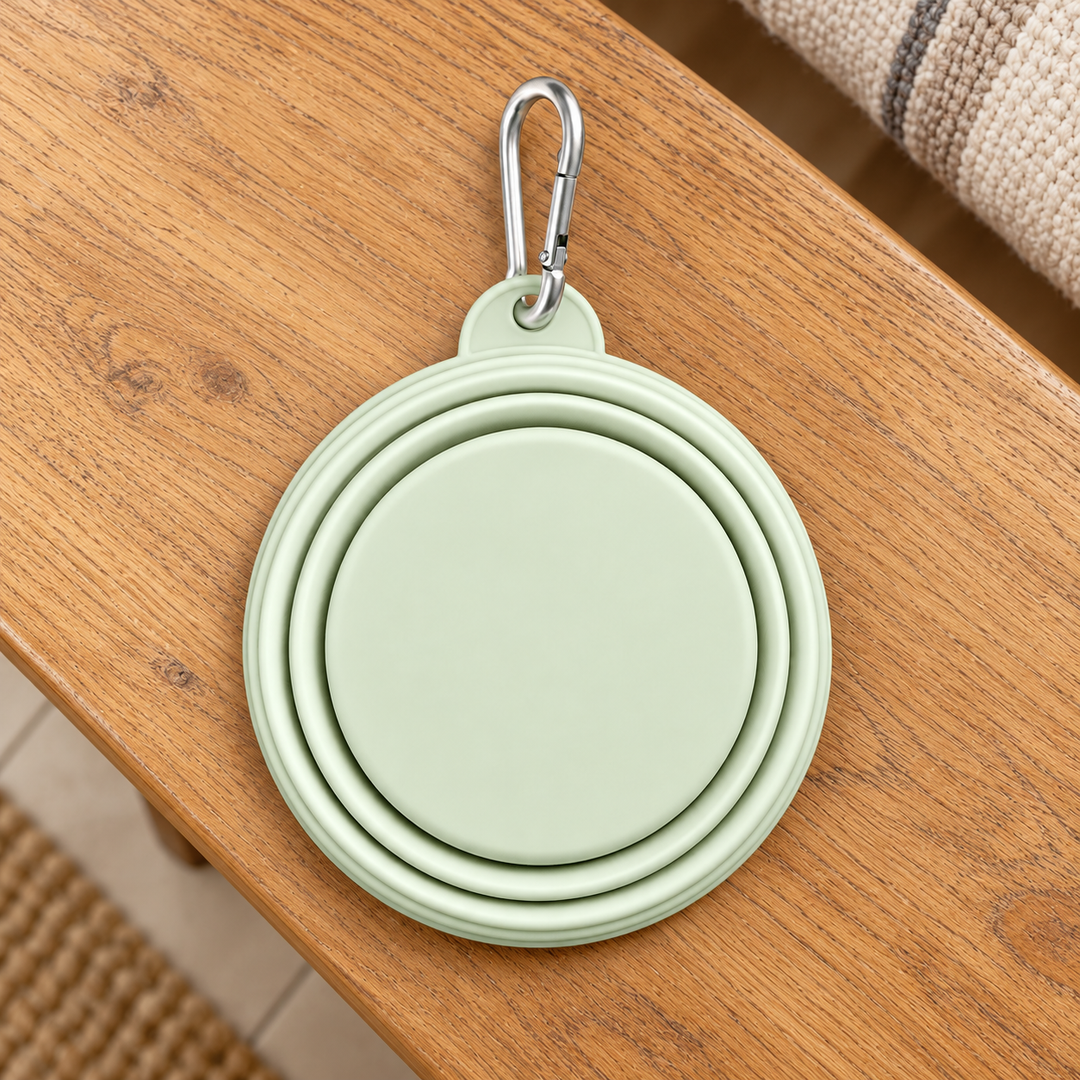 green folded silicone travel bowl with silver carabiner on a warm wooden home bench.