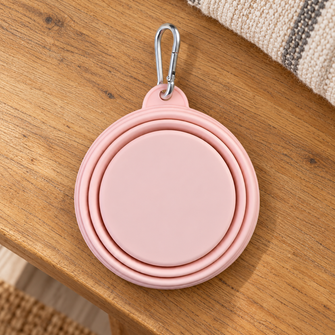 pink folded silicone travel bowl with silver carabiner on a warm wooden home bench.