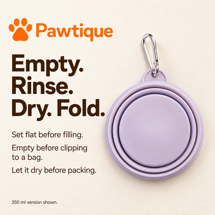 Purple 350 ml travel bowl with instructions to empty, rinse, dry and fold before packing