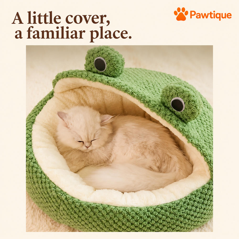 Original cream cat curled beneath the Frog bed hood, with green textured exterior and cream lining.