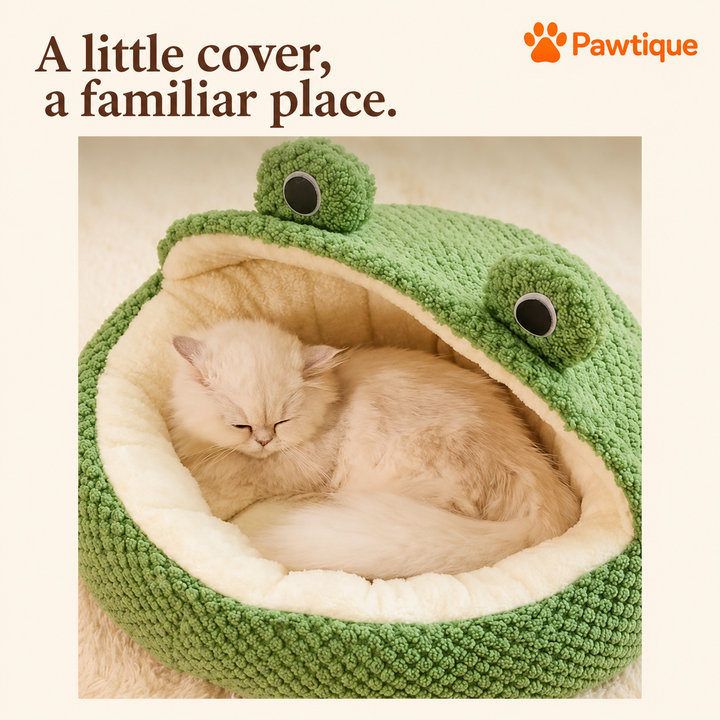 Original cream cat curled beneath the Frog bed hood, with green textured exterior and cream lining.