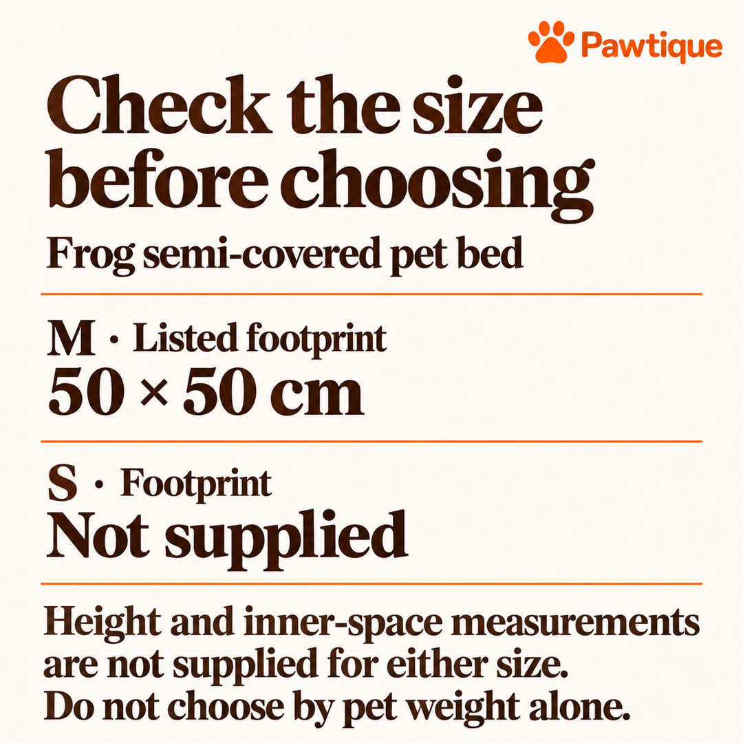 Frog bed M listed footprint 50 by 50 cm; S footprint and height and inner-space measurements for both sizes are not supplied.