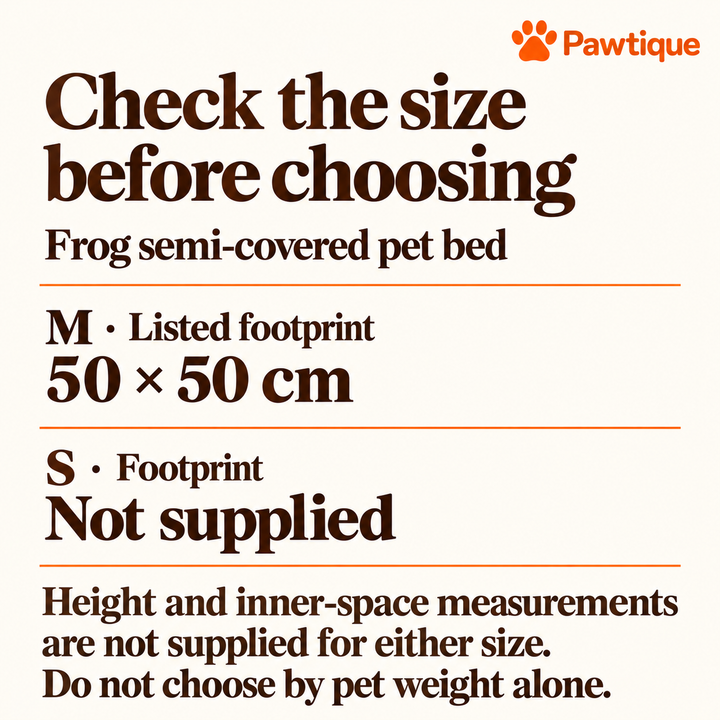 Frog bed M listed footprint 50 by 50 cm; S footprint and height and inner-space measurements for both sizes are not supplied.