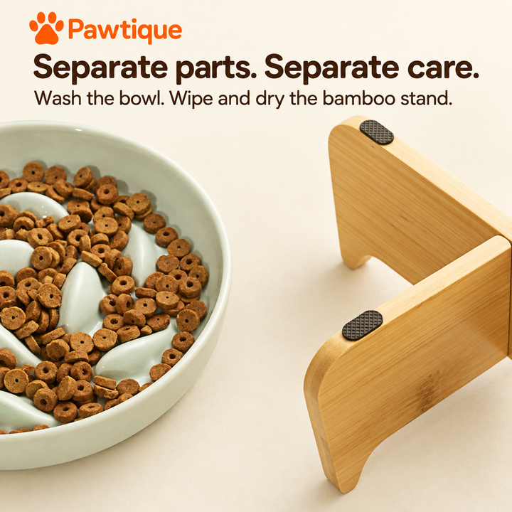 Separate ceramic bowl and bamboo stand, with instructions to wash the bowl and wipe and dry the stand