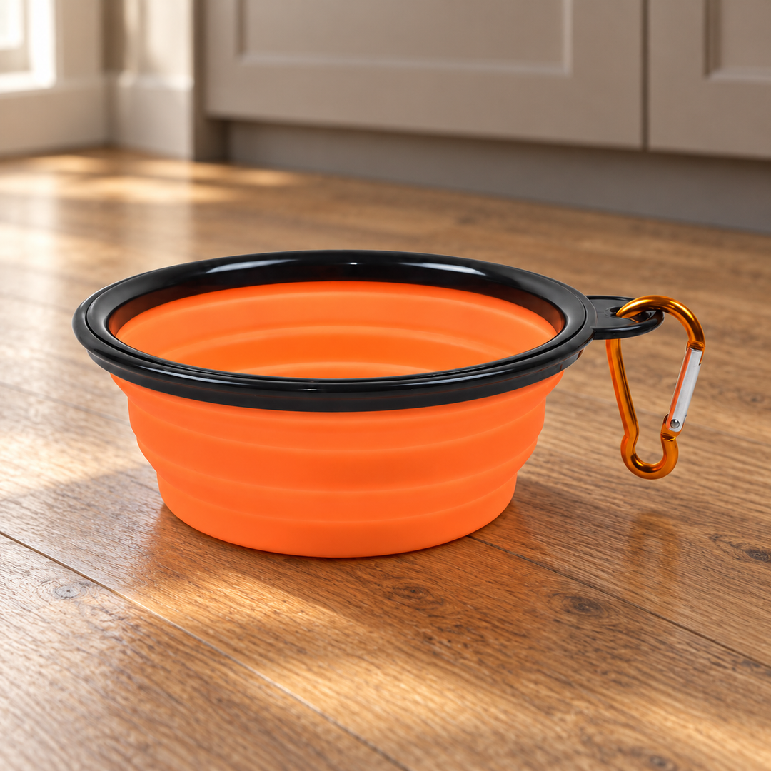 Expanded orange travel bowl with black rim and orange-gold clip on a warm wood floor.
