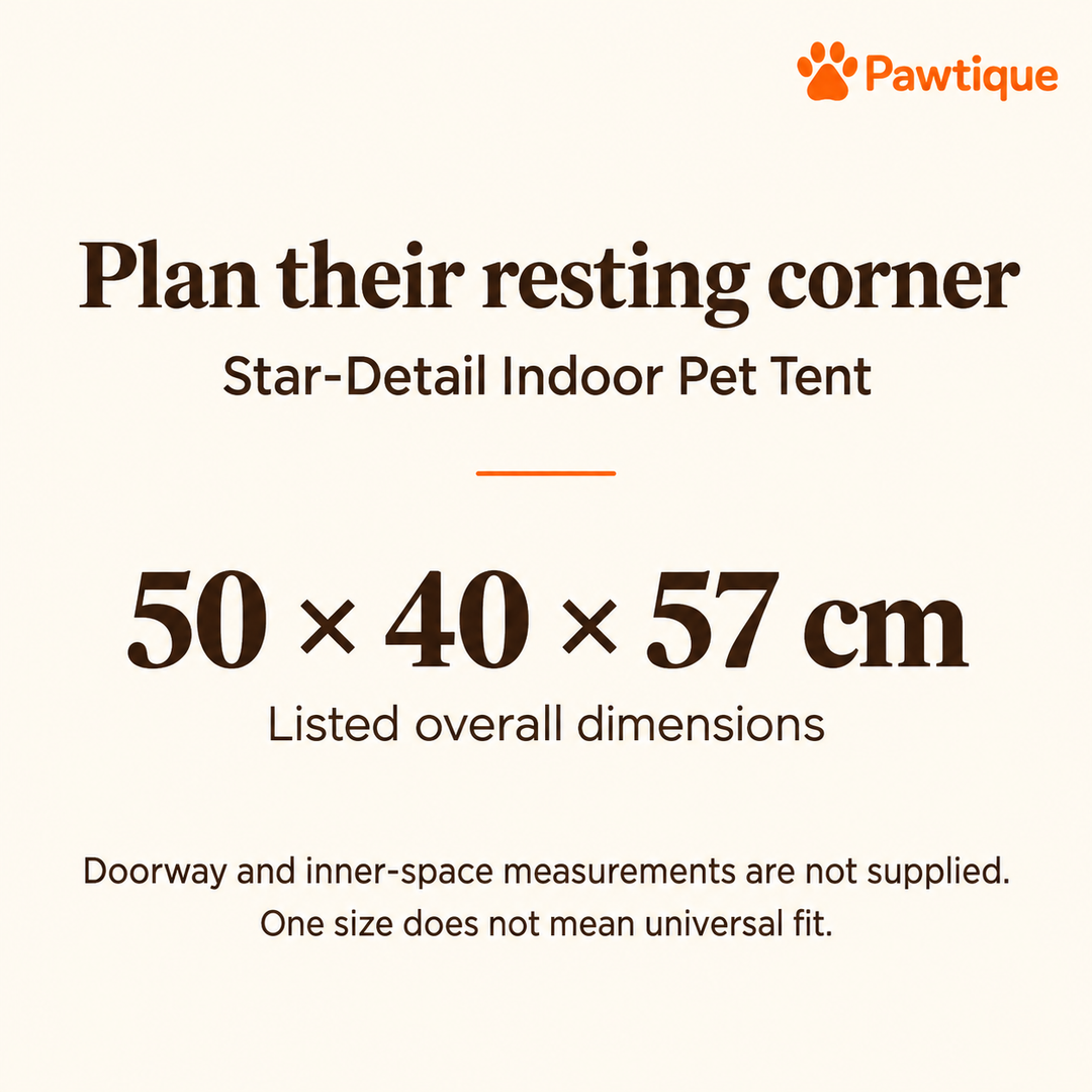 Star-Detail indoor pet tent listed overall dimensions of 50 by 40 by 57 cm; doorway and inner-space measurements are not supplied.