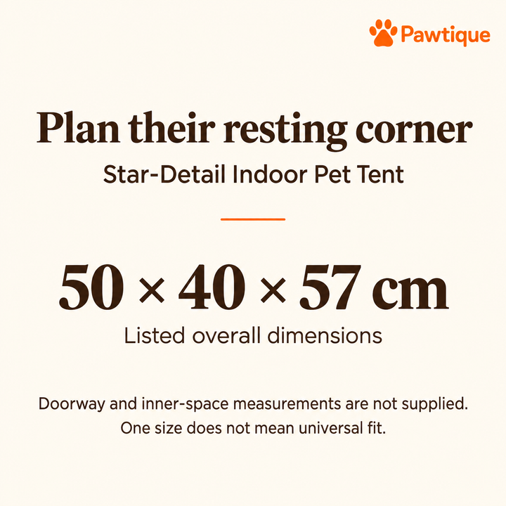 Star-Detail indoor pet tent listed overall dimensions of 50 by 40 by 57 cm; doorway and inner-space measurements are not supplied.
