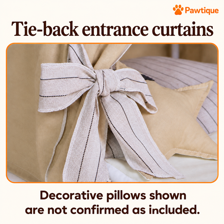 Striped tie-back at the tent entrance; decorative pillows shown are not confirmed as included.