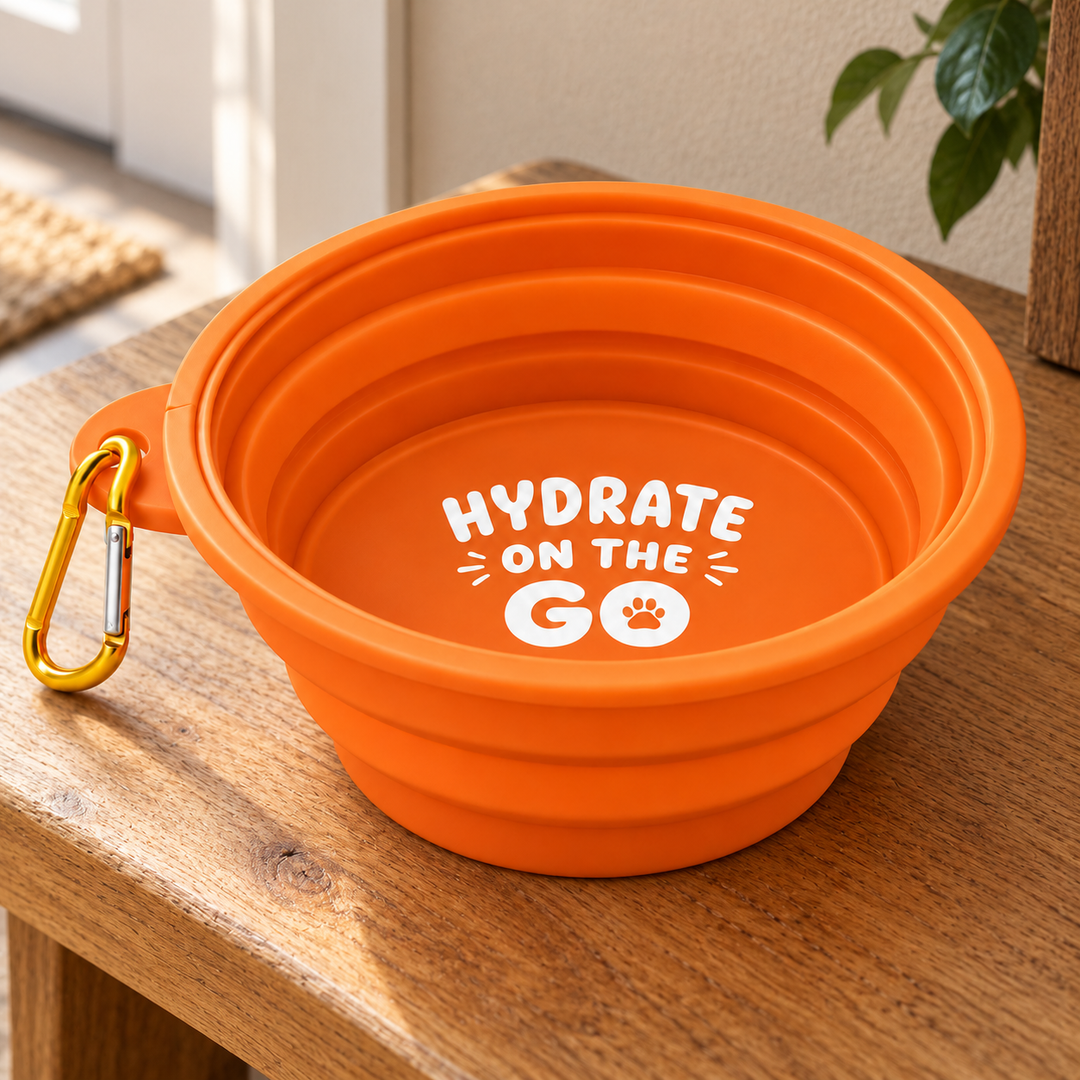Expanded orange travel bowl with its original HYDRATE ON THE GO interior print and gold carry clip on an oak home bench.